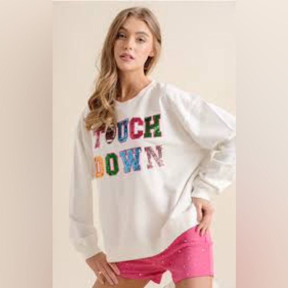 Blue B TOUCH DOWN sequin Graphic Pullover oversized Sweatshirt Sz M